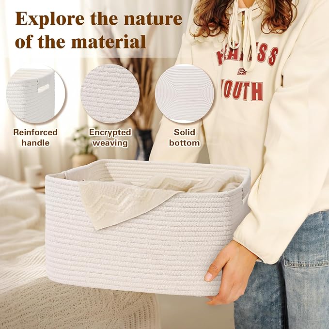 3 Pack Large Storage Basket for Organizing, 17.5"x13"x7" Woven Basket for Shelves, Closet Cube Storage Bins with Wrapped Handle, Cotton Rope Baskets for Kitchen, Clothes, Toys(Off White) - Image 7