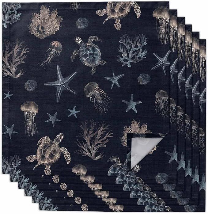 Ocean Turtle Cloth Napkins Set of 6 - Nautical Coastal Coral Starfish Jellyfish Black Washable Dinner Napkins Reusable Table Napkins for Party Weeding Dining Table Setting Decoration,Oversized 20"x20" by Unknown