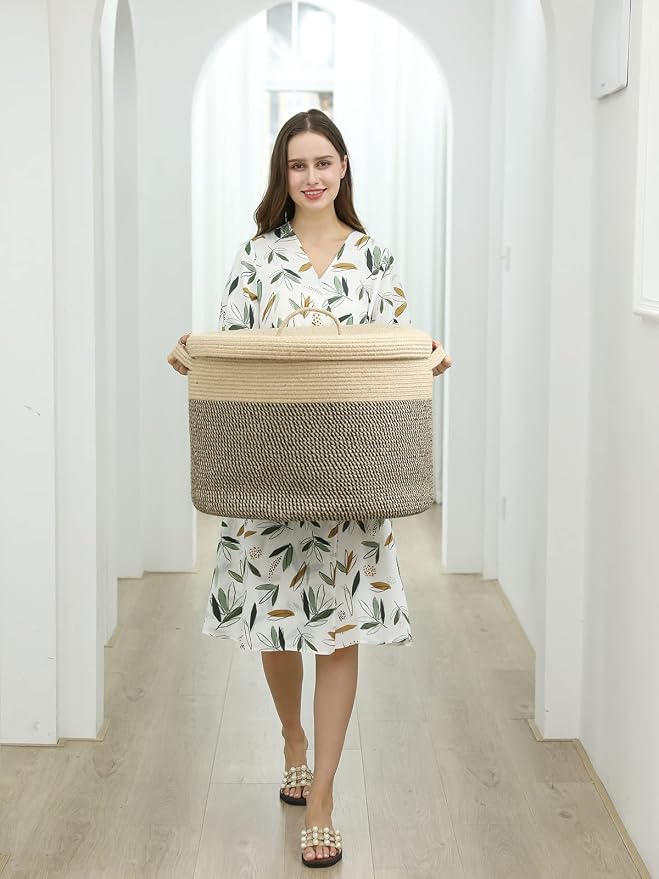 20x15 Inch Extra Large Round Cotton Rope Storage Basket with Lid, Decorative Woven Bin with Cover for Living Room Bedroom Closet, Jute & Black Mix - Image 9