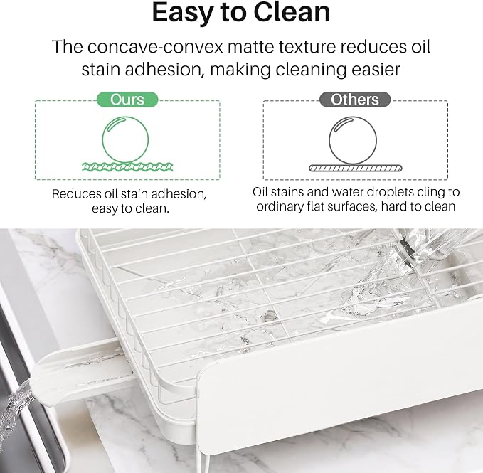SNTD Large Dish Drying Rack for Kitchen Counter, Expandable, White | Stainless Steel Dish Drainer, Adjustable Length 18.9''-29.3'', Automatic Drainage, 360° Spout, Cutlery Holder with Knife Slot - Image 7