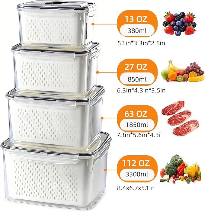 SnowSky 4PCS 2-in-1 Fruit & Veggie Fresh Box with Detachable Colander & Divider – Airtight Leak-Proof Fridge Storage Container with Lid for Berry, Meal Prep, Kitchen - Image 2