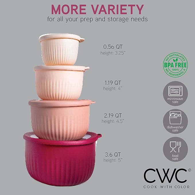 COOK WITH COLOR Prep Bowls with Lids- Wide and Deep Nesting Plastic Small Mixing Bowl Set with Lids, 8 Piece Set - Deep Bowls, Rose - Image 2