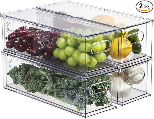 Fridge Organizers and Storage Pull Out Drawer, 4 Small | Stackable, Clear, Fruit and Veggies Containers, for Kitchen, Cabinet by Bronkeeper