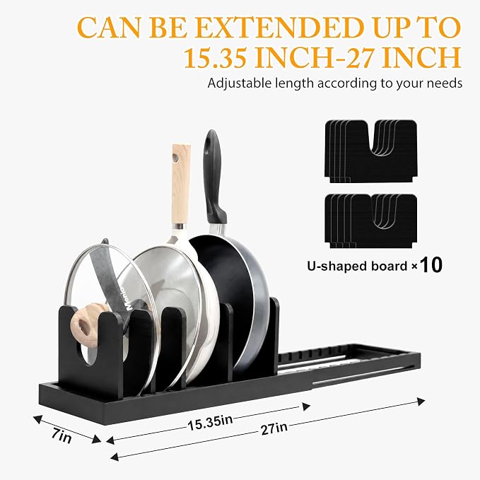 MinBoo Bamboo Expandable Pot Lid Organizer, Pot and Pan Organizer Drawer Organizer for Pot Lids, Adjustable 10 U-Shaped Dividers for Kitchen Cabinet Organizers and Storage,Black - Image 3