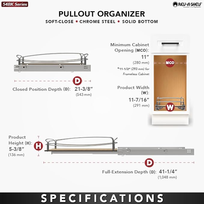 Rev-A-Shelf Pull Out Kitchen Cabinet Storage Organizer with Solid Bottom and Undermount Soft-Close Full Extension Slides, 54BK-12SC-1 - Image 5