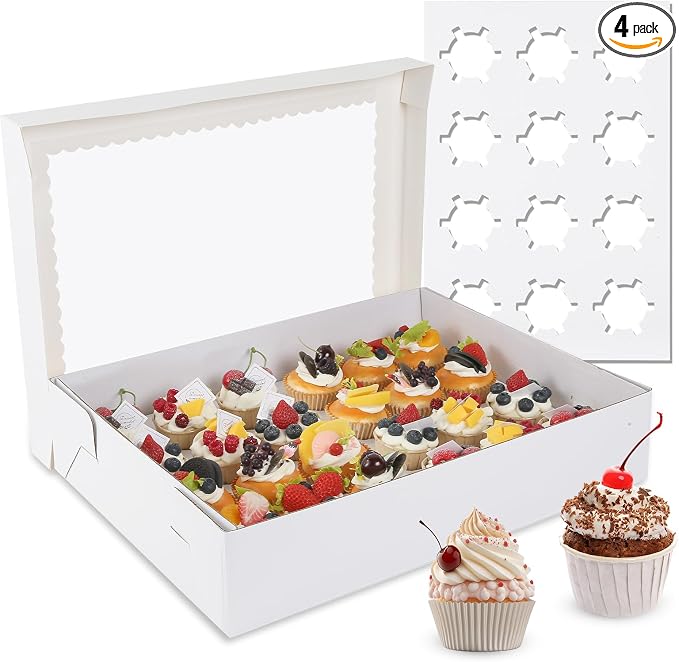 24 Count Corrugated Cupcake Box, 4 Pack Cupcake Containers with Windows, Disposable Cupcake Carriers for Muffins, Treats, Pastries,Mother's Day 19 x 14 x 3.9 Inches (White, 24Count /4Pcs) by CHENZEM
