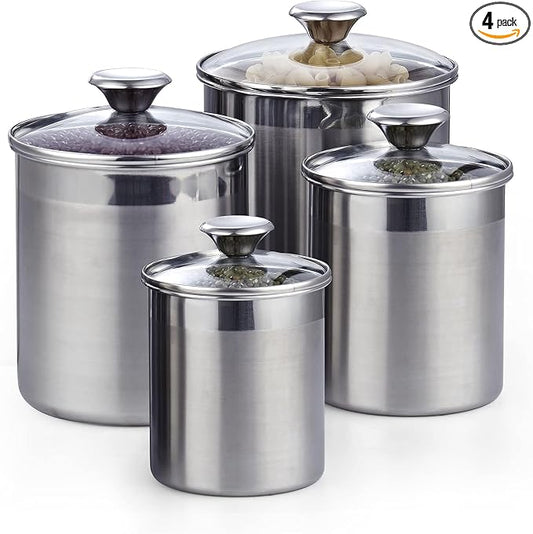 Cooks Standard Airtight Kitchen Canister Set for Coffee, Flour & Sugar Storage – Stainless Steel Food Storage Containers with Glass Lid – Pantry Organization Jars, 4 Pack by CooksStandard