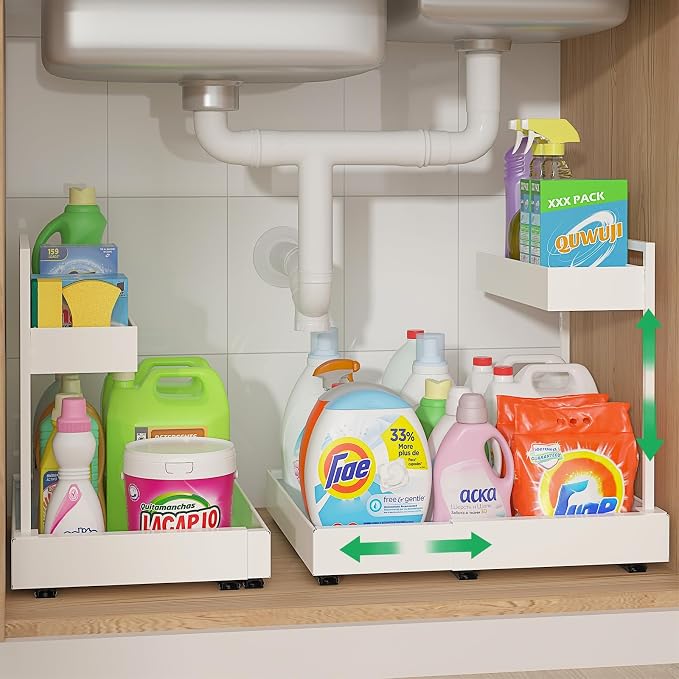 Expandable Under Sink Organizer with 6-Level Height Adjustment | Expandable Width, Pull-Out Cabinet Storage Rack with Quiet Sliding Rails for Kitchen, Bathroom, Laundry Room Cabinets, White by REALINN
