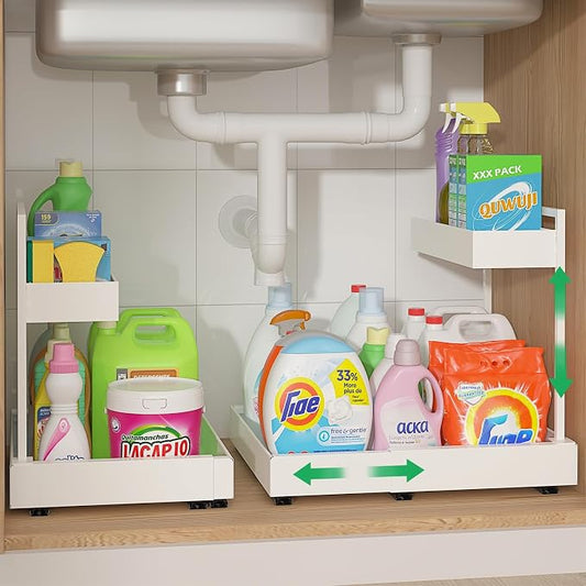 Expandable Under Sink Organizer with 6-Level Height Adjustment | Expandable Width, Pull-Out Cabinet Storage Rack with Quiet Sliding Rails for Kitchen, Bathroom, Laundry Room Cabinets, White by REALINN