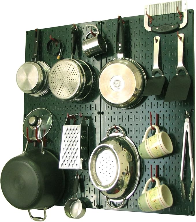 Wall Control Kitchen Pegboard Organizer Pots and Pans Storage Rack Organization Kit with Green Pegboard and Red Accessories by Wall+Control