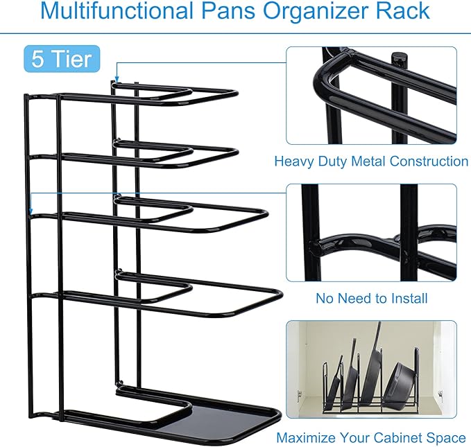 Toplife 7+ Pot Lids Organizer Rack + 5 Tier Heavy Duty Organizer Rack for Cast Iron Skillets, Griddles and Pots - Image 8