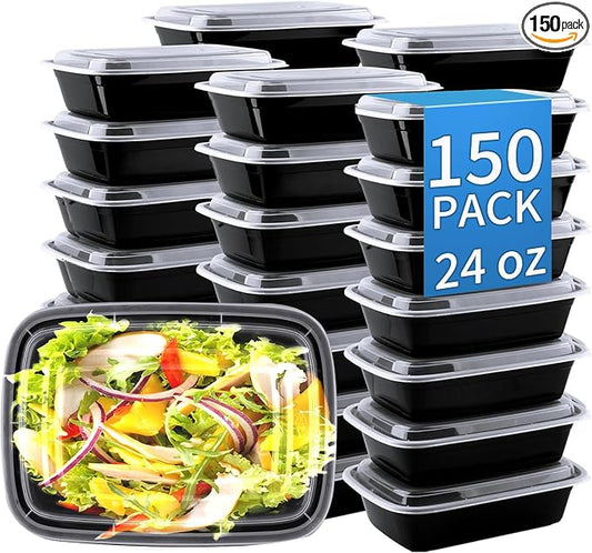 24oz Meal Prep Containers, 150 Sets Disposable Food Storage Boxes with Lids | Heavy Duty, Single Compartment, Leakproof Lids, BPA Free, Microwave Freezer Safe, Plastic To Go Bento Boxes for Lunch Takeout by Apsic