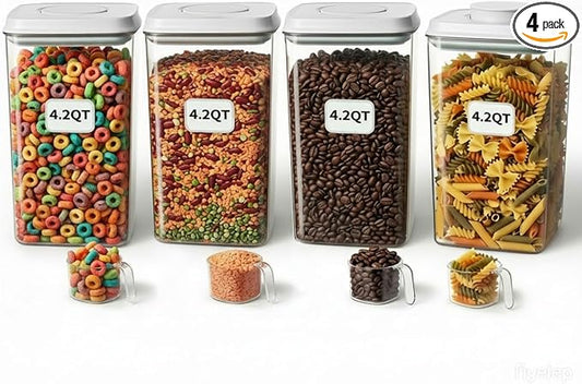 Melovom 4 Pcs Large Pop Airtight Food Storage Containers Set with Lids, 4.2Qt/4L Food Containers with Scoop, Kitchen Pantry Organization and Storage, BPA Free Stackable Cereal Container (4 * 4.2Qt) by Melovom