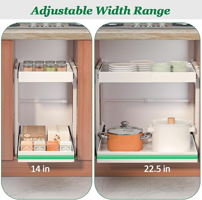 2 Tier Pull Out Cabinet Organizer, 21 inch Depth Slide Out Shelves | Expandable 14"-22.5" Wide, Heavy-Duty Cabinet Drawers for Kitchen Pots, Pans & Pantry Storage, White - Image 5
