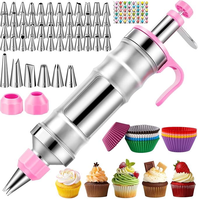 Cake Decorating Tools Supplies Kit: 164pcs Baking Accessories, Dessert Piping Syringe and Icing Tips Set - Puffs Cupcake Frosting Piping Bakery Set for Adults Beginners or Professional, Pink by AUKOW