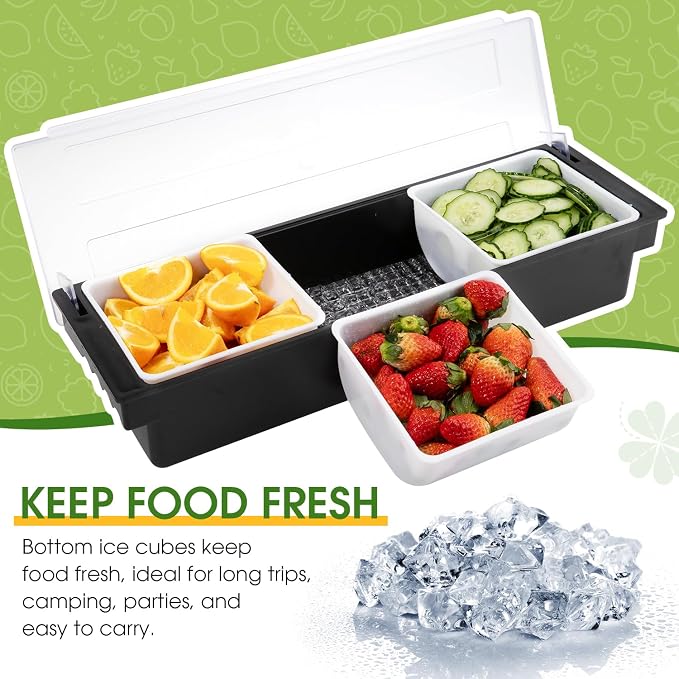 Ice Cooled Condiment Serving Container Fruit Veggie Condiment Caddy Plastic Garnish Station with Lid for Fruit,Ice Cream,Salad Bar-Topping Organizer for Restaurant Supplies (3 Compartments) | Ice chamber, keeps fruit & toppings chilled, 3 separate sect... - Image 2