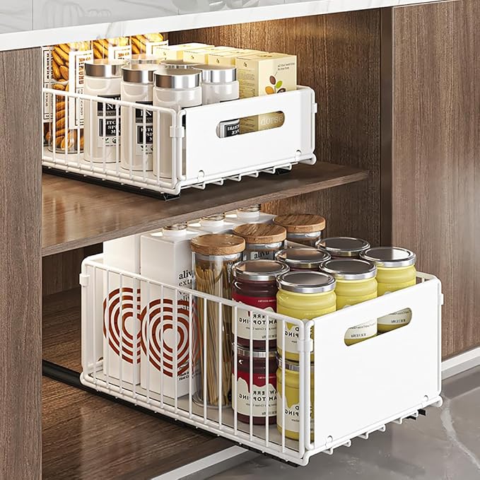 YunNasi Pull Out Cabinet Organizer, White, 2Piece 9.8" W X15 D X3.9 H | Slide Out Drawer Storage Shelves, Cupboard Organiser, Sliding Cabinet Basket for Kitchen, No Drilling and Nailing - Image 3