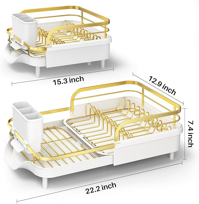 SAYZH Expandable Dish Drying Rack for Small Kitchen Counter, Gold | Stainless Steel, Protective Guardrail, Angled Drainboard, Fits High-Rim Sinks, Removable Utensil Holder - Image 2