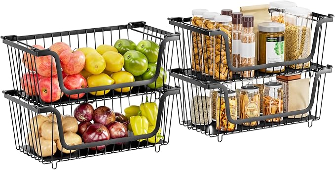 4 Pcs Stackable Wire Baskets for Pantry Organizers and Storage, Black | Metal Baskets with Handles,Produce Potato Onion Storage Bin,Vegetable Fruit Basket for Countertop, Kitchen Storage - Image 9