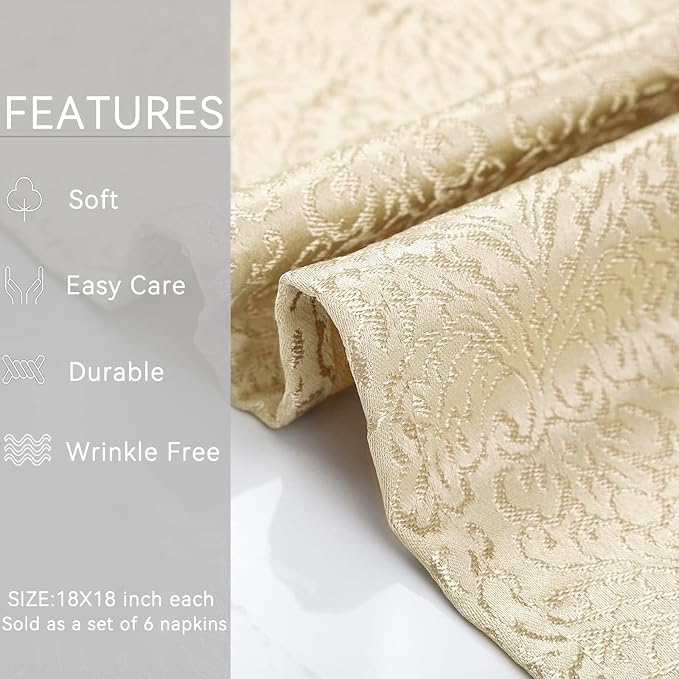 Beige Cloth Napkins Set of 6, 18 x 18 Inch Dinner Napkins | Reusable Washable Cotton Polyester Soft Luxury Elegant Fancy Jacquard Fabric Table Napkins - Image 4