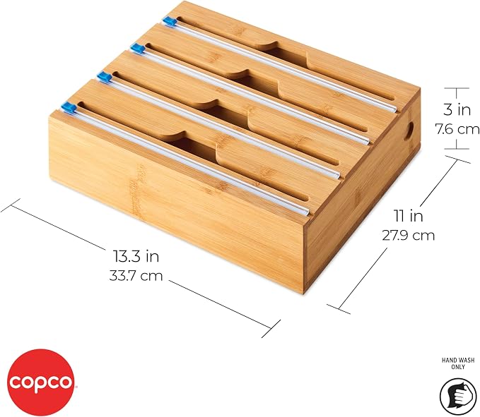 Copco In Drawer or Mounted 4 Compartment Organizer for Plastic, Foil, Wax and Parchment Paper featuring Easy Slide Tabs for Perfect Cut, With 21 Customizable Labels, Bamboo, 13.3 x 11 x 3 Inch - Image 5
