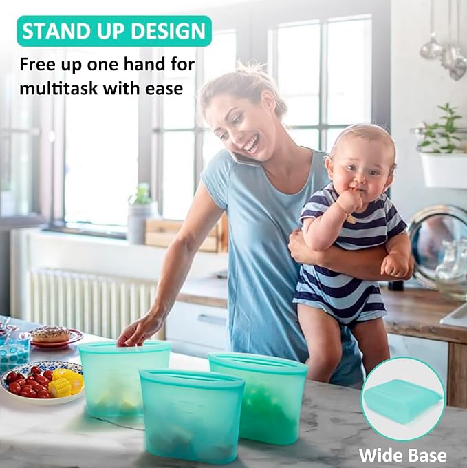 Reusable Freezer Bags Quart Size, 4 Pack, 100% Silicone Stand Up Ziplock Reusable Silicone Food Storage Bags Sandwich Bags Containers, Freezer Microwave Oven Dishwasher Safe, Aqua, 33.8fl.oz - Image 4
