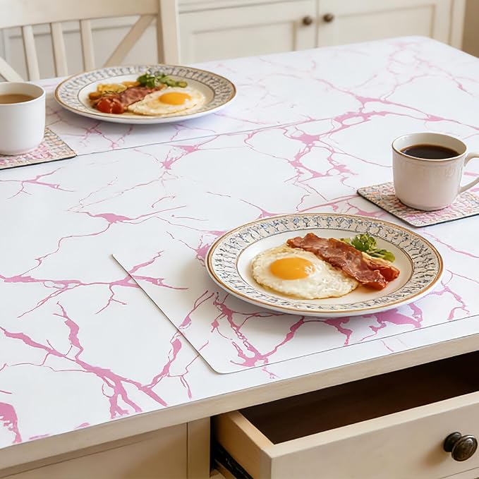 Pink Marble Pattern Shelf Liner, Non-Adhesive Non-Slip Thickened | Drawer Liner, Easy to Clean for Kitchen Cabinets, Tool Box, Refrigerator, Includes Knife & Tape Measure.17.3×236.2in - Image 2