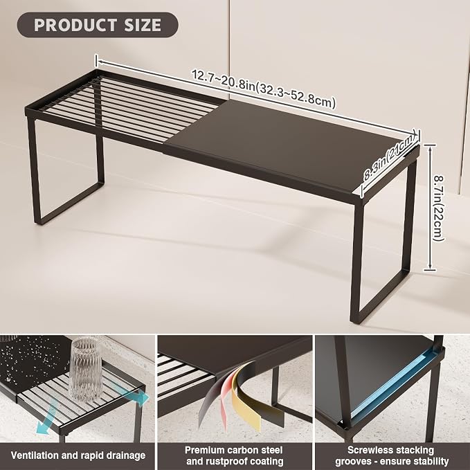 Magheo Expandable Kitchen Countertop Organizer, 1 Pack Stackable Cabinet Shelf Risers, Metal Spice Rack Heavy Duty Counter Organizer Storage for Kitchen, Pantry, Cupboard, Rv (8.7in Height,Black) - Image 6