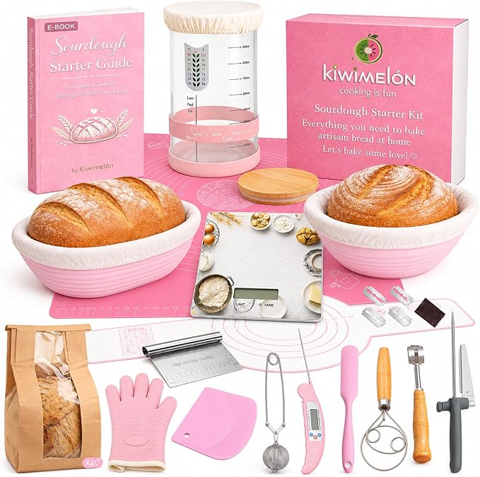Sourdough Starter Kit for Beginners – 46-Pc Pink Sourdough Bread Making Kit with Silicone Banneton Proofing Basket, Sourdough Starter Jar, Digital Scale, Bread Lame & Sourdough Tools – Gift by Unknown