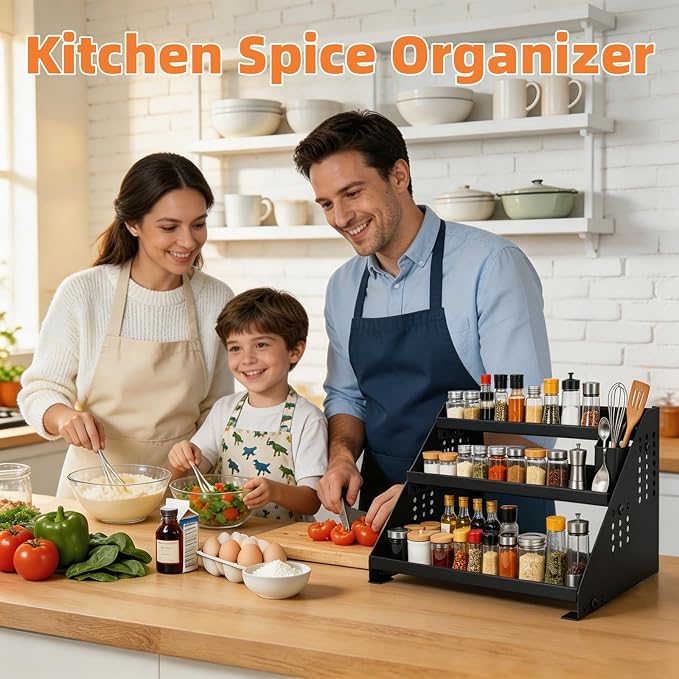 RICHMYC 3-Tier Spice Rack Organizer, 13"-22" Expandable, Height Adjustable | Metal Spice Organization for Cabinet, Kitchen Seasoning Organizer , Anti-Slip Guardrail Spice Storage for Countertop, Pantry - Image 6