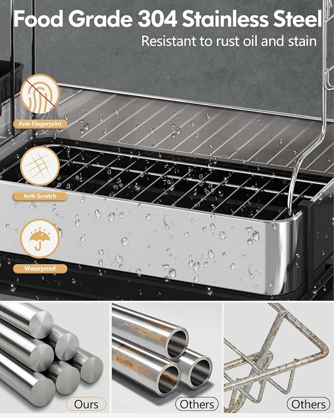 2 Tier Large Stainless Steel Dish Drying Rack with Drain Board | Space Saving, Rust Proof Metal, Automatic Drainage Drainer for Kitchen Counter, Modern Black and Silver for Pots and Pans - Image 4