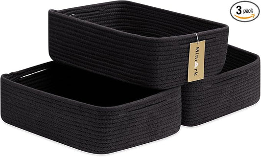 MiniArk Large Shallow Organizing Baskets 15x11x5.1 Inches - Rope Woven Storage Bins for Bathroom, Shelves, Cube Closet, Black 3 Packs by MiniArkStorageBasketsHome