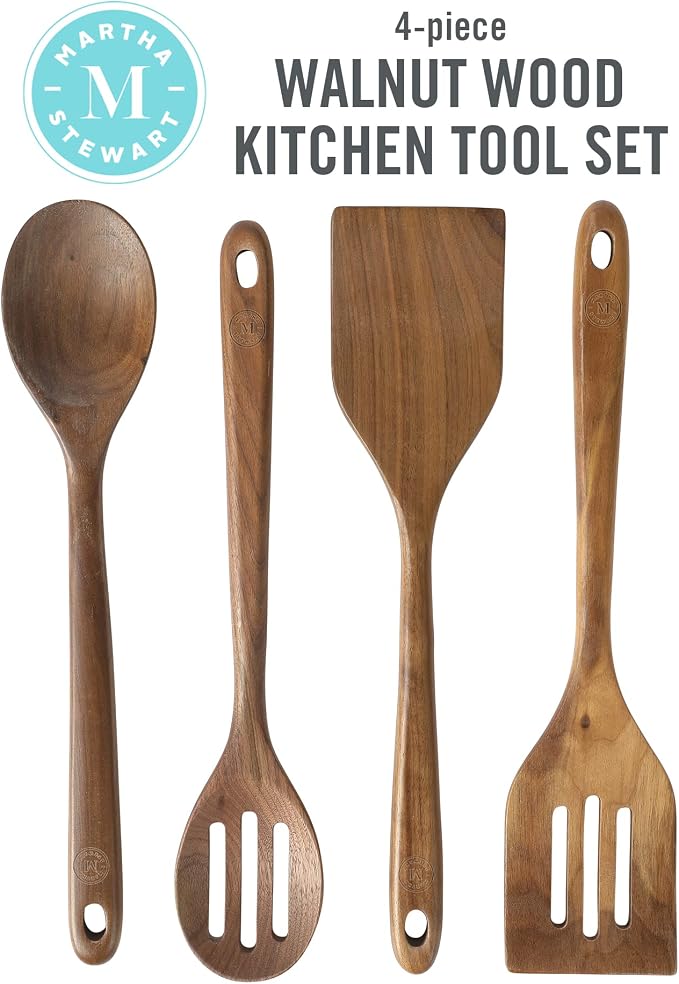 Martha Stewart Bainford 4-Piece Wooden Kitchen Utensil Set, Walnut – Cooking Spoons and Turner Tools for Nonstick Cookware, Heat Resistant, Durable Hardwood - Image 2