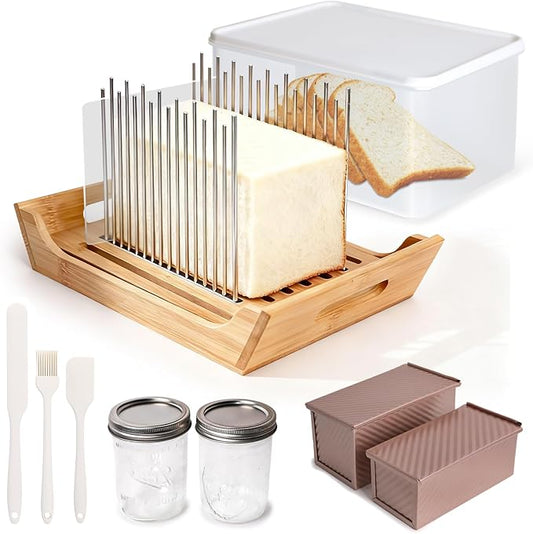6 In 1 Homemade Bread Slicer With Bread Box For Homemade Bread，Adjustable 304 Stainless Steel Guide With Crumb Tray 2 Loaf Pan With Lid Mason Jars Basting Pastry Brush And Scraper Bread Loaf Slicer by Unknown