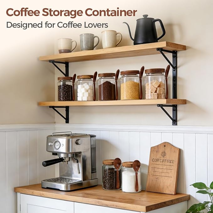 ComSaf Coffee Storage Canister with Acacia Wood Lids & Scoops 0.8Qt 2Pack | Glass Containers for Coffee Lover, Whole Beans Grounds Sugar, Coffee Bar & Office Tabletop, Jars with Labels, Lead-Free - Image 5