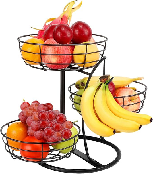 Livabber Fruit Basket Bowl with Banana Hanger, Fruit Vegetable Storage Basket with Banana Tree Holder for Kitchen Counter, Detachable Organizer for Bread Snack Produce (Black, 3-Tier Metal Base) by Livabber