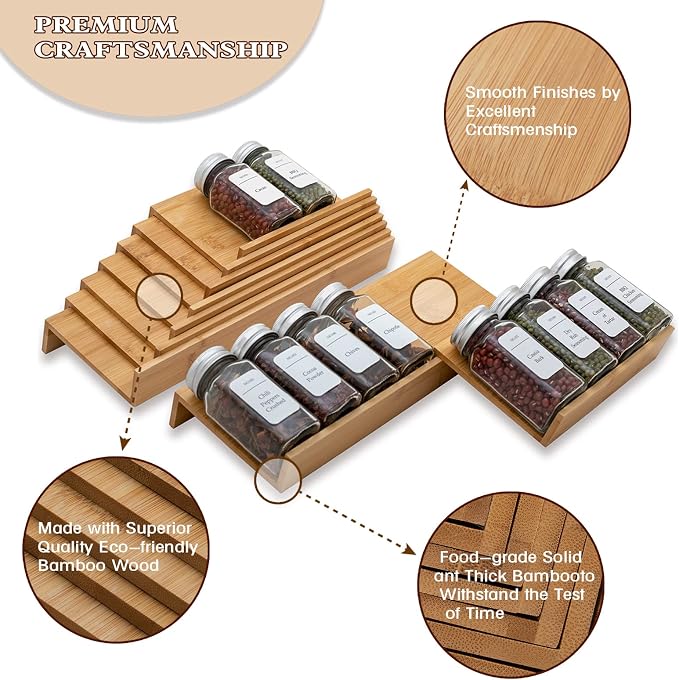 Bamboo Spice Rack Drawer Organizer - 8 Pieces Set- 10" Wide Per Piece - Combine Pieces Into 20" Wide Rack (10" or 20") - Image 3