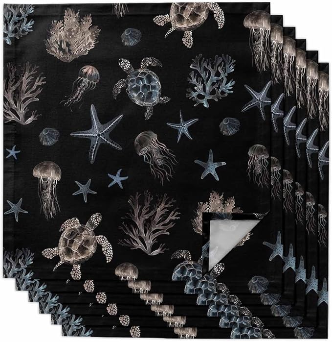 Coastal Black Cloth Napkins Set of 6 - Blue Sea Turtle Starfish Coral Ocean Jellyfish Washable Dinner Napkins Reusable Table Napkins for Party Weeding Dining Table Setting Decoration,Oversized 20"x20" by Unknown