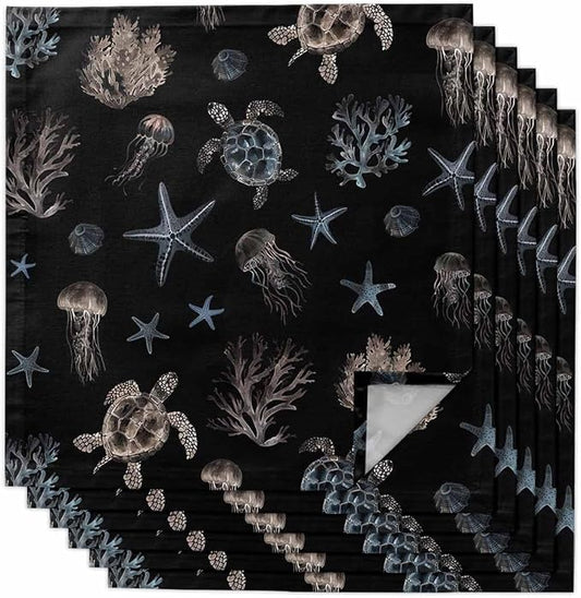 Coastal Black Cloth Napkins Set of 6 - Blue Sea Turtle Starfish Coral Ocean Jellyfish Washable Dinner Napkins Reusable Table Napkins for Party Weeding Dining Table Setting Decoration,Oversized 20"x20" by Unknown