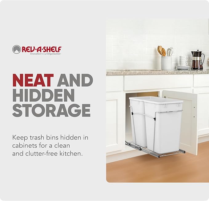 Rev-A-Shelf Double 27 Qt Pullout Trash Can for Base Kitchen Cabinets, Garbage Waste Bin System with Full Extension Slides, Min Opening Width of 11.5", White, RV-15KD-11C S - Image 5