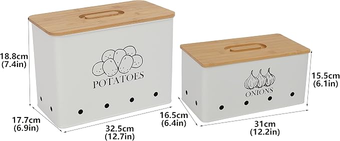 Potato Onion Storage Box, Food Container Sets, Storage Canisters for Vegeatables, Set of 2 Jars Pots Containers, Potato & Onion Bin with Aerating Tin Storage Holes & Bamboo Lid-White - Image 3