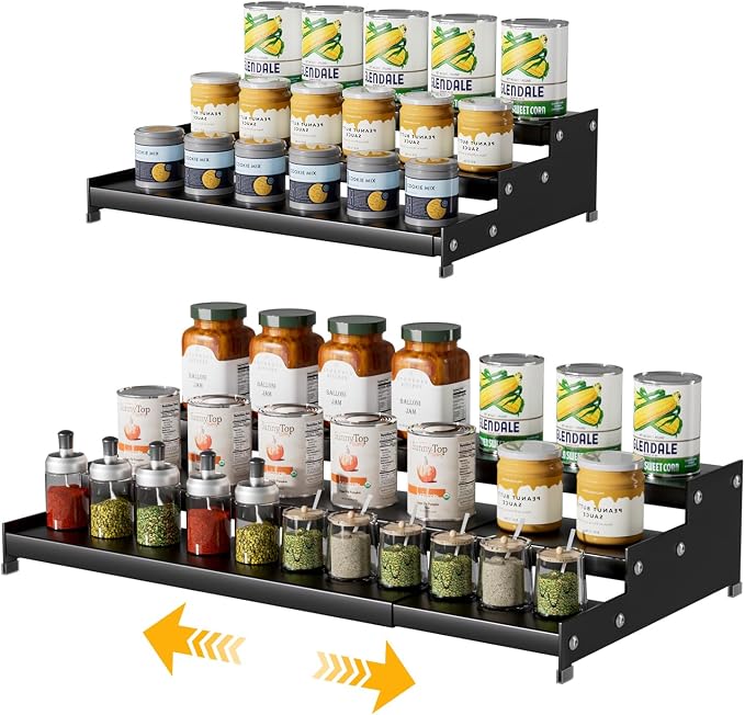Expandable Carbon Steel Spice Rack Organizer for Pantry, Adjustable 3-Tier Ladder Shelf,Holds Up to 24 Cans,Kitchen Countertop Organizer, Rustproof Storage Rack for Spices, Cans, Sauces & Dry Goods - Image 2