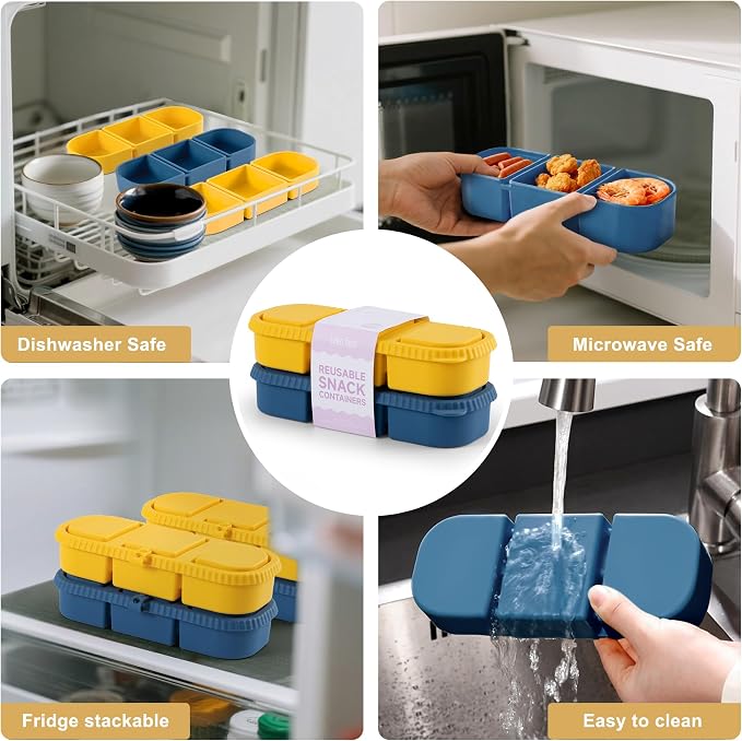 2 Pack Silicone Snack Containers, 3-Compartment Snackle Box with Leak Proof Lids, Reusable Small Divided Food Storage for Kids Lunch, School Travel Adults - Image 6