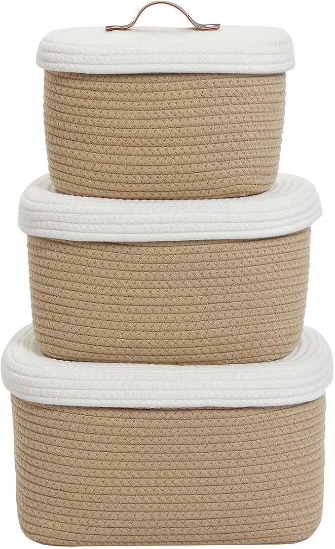 Set of 3 Nesting Woven Storage Baskets with Lids, Cotton Rope Decorative Basket Set for Shelf Closet Living Room Organizing, Rectangular Beige & White - Image 3
