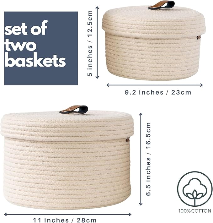 DENJA & CO Set of 2 Decorative Storage Baskets with Lids - Round Woven Baskets for Home Decor and Organizing - Small Shelf Baskets with Leather Tabs and Handles - Decorative Storage and Organizer Bins - Image 3