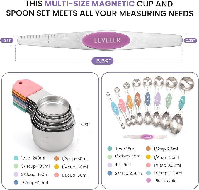 Magnetic Measuring Cups and Spoons Set-Heavy Duty 304 Stainless Steel，Double Measurement Markings，Set of 16 with Leveler for Measure Dry and Liquid Ingredients - Image 6
