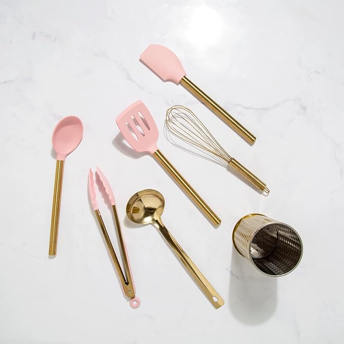 Paris Hilton Kitchen Set Tool Crock with Silicone Cooking Utensils, Stainless Steel Whisk and Ladle, 7-Piece, Pink and Gold - Image 9