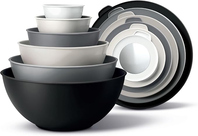 COOK WITH COLOR Mixing Bowls with TPR Lids - 12 Piece Plastic Nesting Set includes 6 Prep and Lids, Microwave Safe Bowl (Black Ombre) by CookwithColor