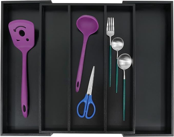Utoplike Bamboo Drawer Organizer Kitchen Utensils, Silverware Tray Black | Adjustable Cutlery Holder Organiser, Expandable Drawer Divider for Flatware, Knives in Kitchen, Bedroom, Livingroom, 3-5 Slot - Image 7