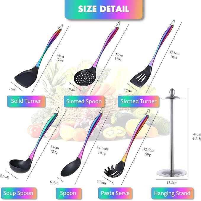 Silicone Cooking Utensils Set, 17pcs Kitchen Utensil Set with Rotatable Holder, Heat-Resistant Silicone Utensils for Cooking, Non-Stick Spatula Set with Stainless Steel Handle,Turner,Ladle (Rainbow) - Image 7